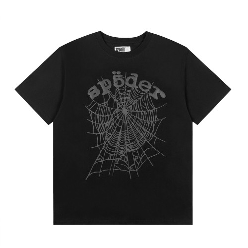 Streetwear Tone-On-Tone Dark 3D Raised Puff Foam Spider Web & Letter Front Print T-Shirt 29304887