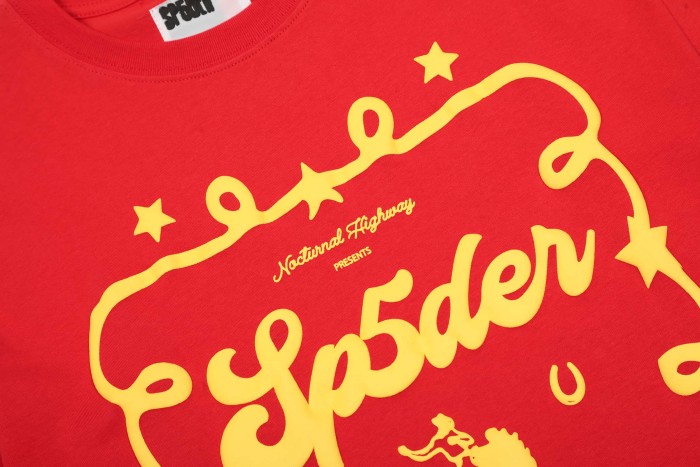 Streetwear 3D Raised Puff Foam Rope Frame Cowboy Rider Sp5der Letter Star Horseshoe Front Print T-Shirt 29305042