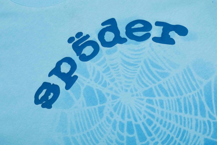 Streetwear Gradient Faded Shadow Wash Spider Web & Dark Blue Sp5der Letter Front Print T-Shirt 29304994