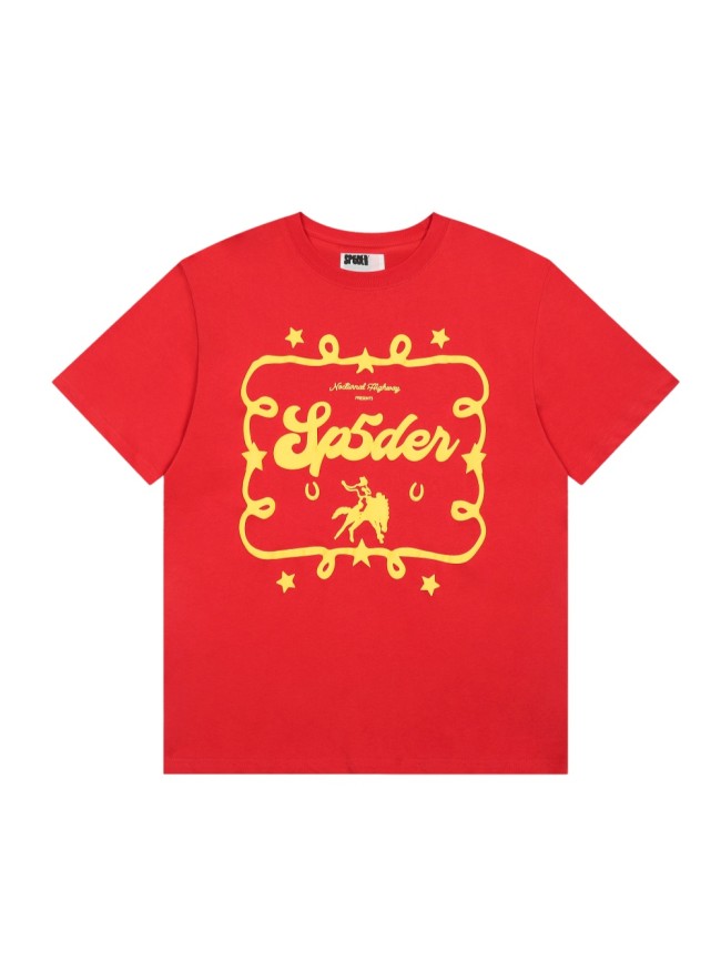 Streetwear 3D Raised Puff Foam Rope Frame Cowboy Rider Sp5der Letter Star Horseshoe Front Print T-Shirt 29305042