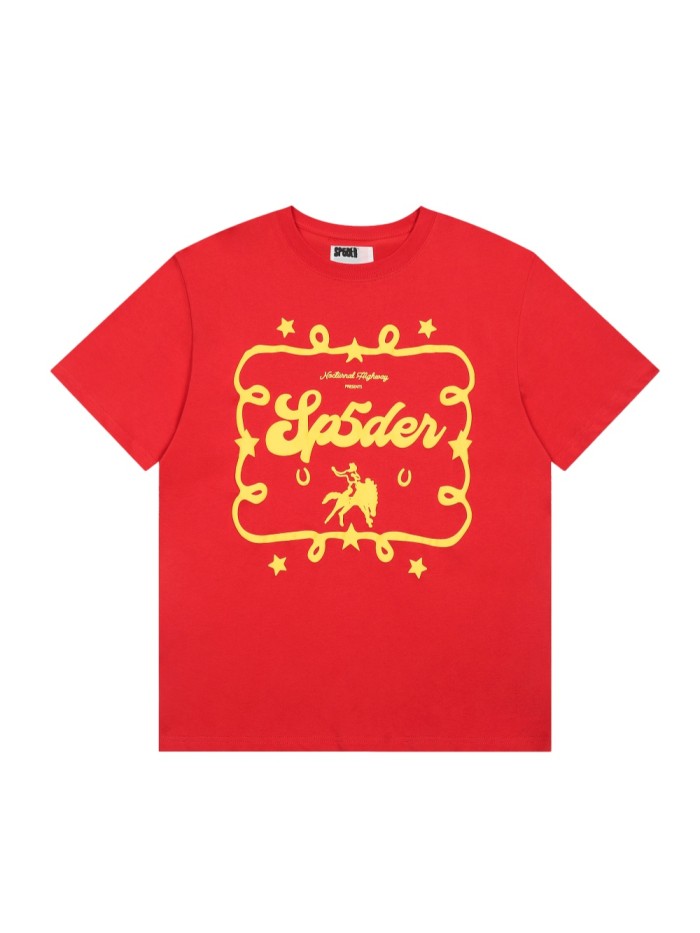 Streetwear 3D Raised Puff Foam Rope Frame Cowboy Rider Sp5der Letter Star Horseshoe Front Print T-Shirt 29305042