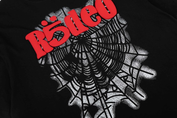 Red Rodeo Text Over Worn Spider Web Single Print T-Shirt 29304794
