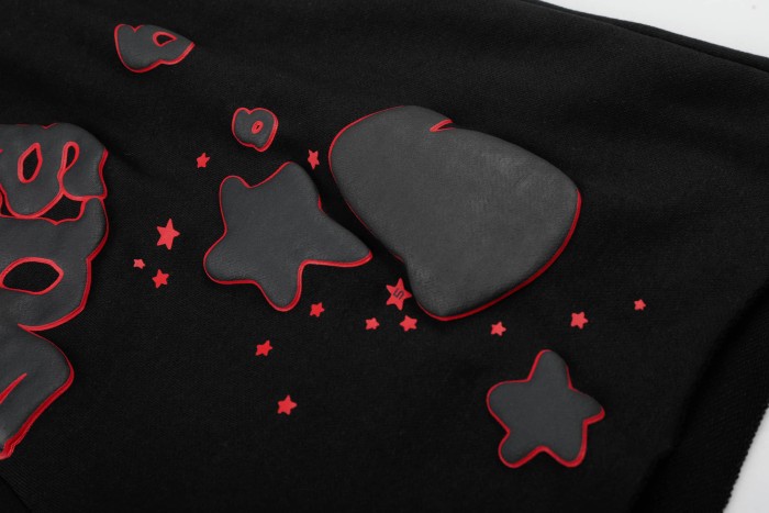 Puff Print Bubble Text Outline Star Pattern Raw Edge Elastic Waist Drawstring Sweat Shorts 29305218
