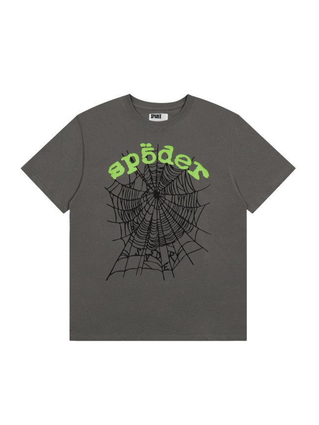 Layer Silkscreen Neon Green Arch Letter Black Outline Spider Web Print T-Shirt 29305147