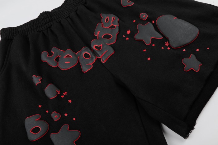 Puff Print Bubble Text Outline Star Pattern Raw Edge Elastic Waist Drawstring Sweat Shorts 29305218
