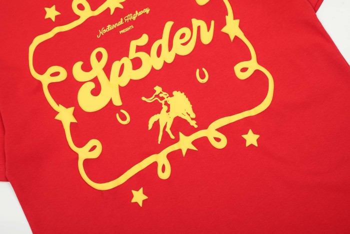 Streetwear 3D Raised Puff Foam Rope Frame Cowboy Rider Sp5der Letter Star Horseshoe Front Print T-Shirt 29305042