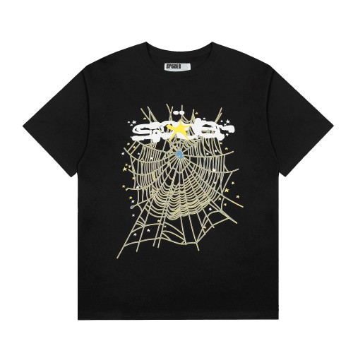 Solid Black Base White Text With Yellow Star Over Star Detailed Spider Web Print T-Shirt 29304813