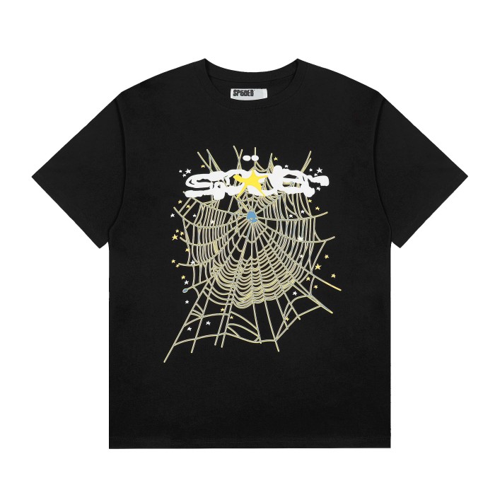 Solid Black Base White Text With Yellow Star Over Star Detailed Spider Web Print T-Shirt 29304813