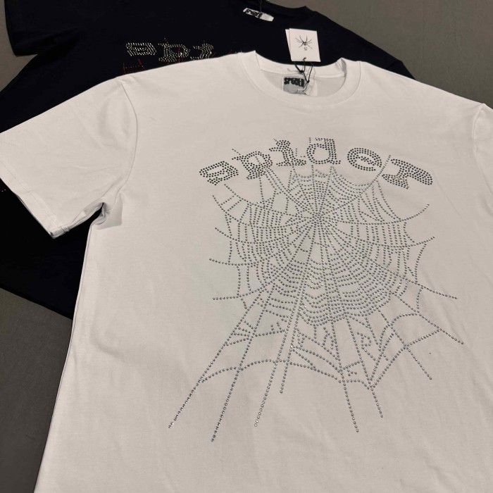 Y2K Drill Streetwear Full Rhinestone Hotfix Crystal Spider Web & Spider Letter Front Print Two-Tone T-Shirt 2 colors 29304837
