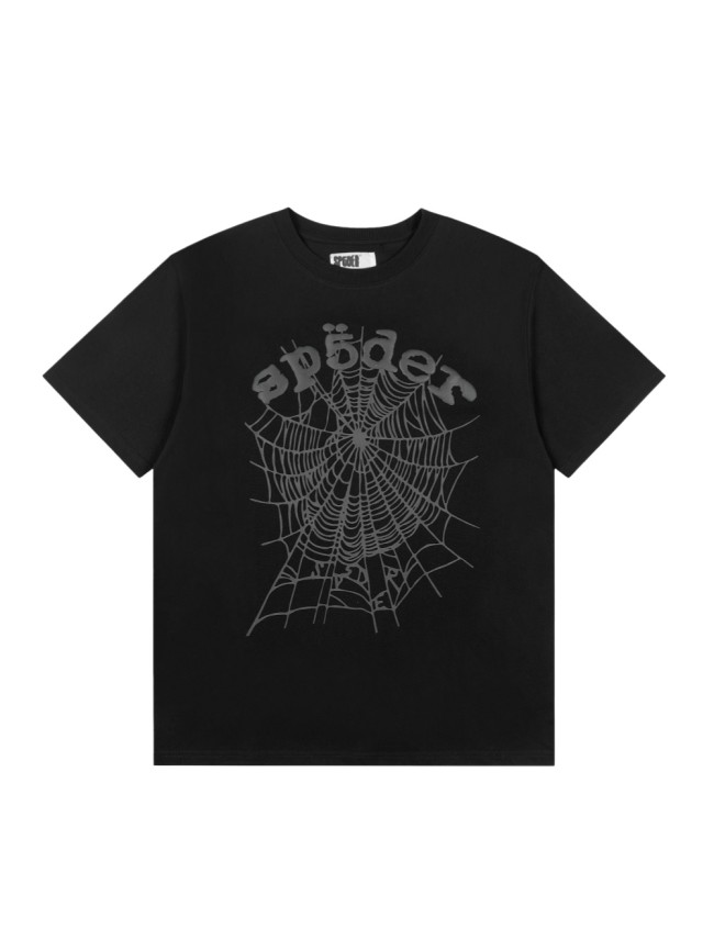 Streetwear Tone-On-Tone Dark 3D Raised Puff Foam Spider Web & Letter Front Print T-Shirt 29304887