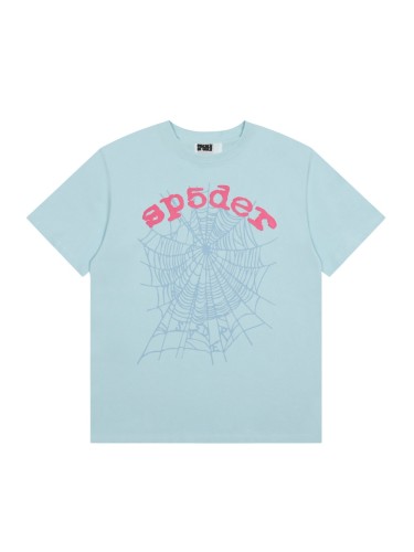 Bold Pink Arch Letter Faded Light Blue Hidden Spider Web Print T-Shirt 29305138