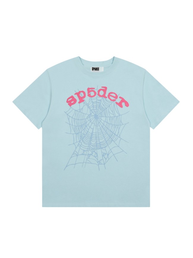 Bold Pink Arch Letter Faded Light Blue Hidden Spider Web Print T-Shirt 29305138