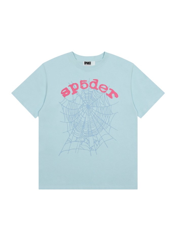 Bold Pink Arch Letter Faded Light Blue Hidden Spider Web Print T-Shirt 29305138