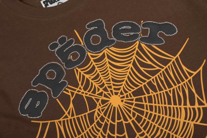 Streetwear Contrast Orange Spider Web Graphic Rhinestone Trim Letter Print T-Shirt 29304917