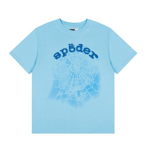 Streetwear Gradient Faded Shadow Wash Spider Web & Dark Blue Sp5der Letter Front Print T-Shirt 29304994