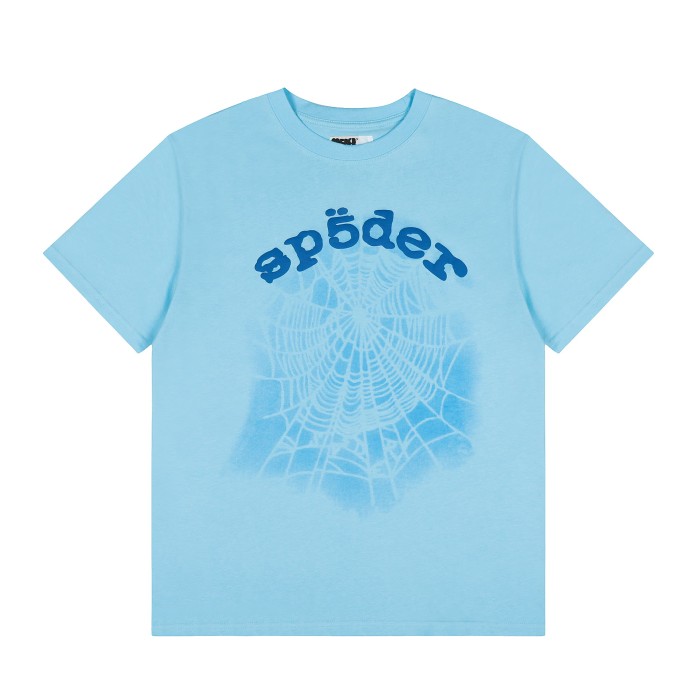 Streetwear Gradient Faded Shadow Wash Spider Web & Dark Blue Sp5der Letter Front Print T-Shirt 29304994