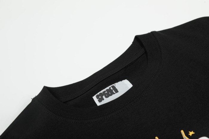 Solid Black Base White Text With Yellow Star Over Star Detailed Spider Web Print T-Shirt 29304813