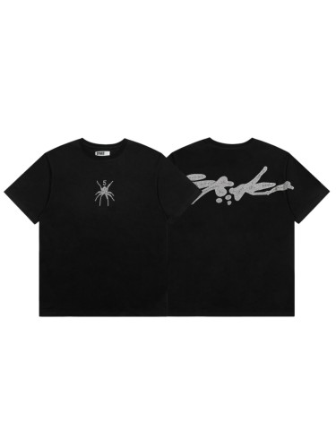 Hotfix Rhinestone Print Small Spider Number 5 Chest Graphic Abstract Fluid Line Back Print T-Shirt 29305064