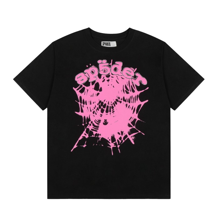 Y2K Drill Streetwear Gradient Pink Splatter Spider Web Outline Rhinestone Inlaid Letter Front Print T-Shirt 29304896
