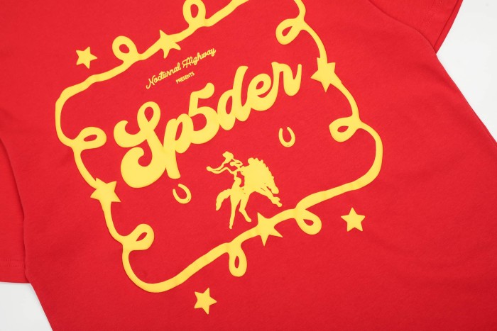 Streetwear 3D Raised Puff Foam Rope Frame Cowboy Rider Sp5der Letter Star Horseshoe Front Print T-Shirt 29305042