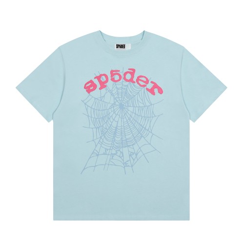 Bold Pink Arch Letter Faded Light Blue Hidden Spider Web Print T-Shirt 29305138