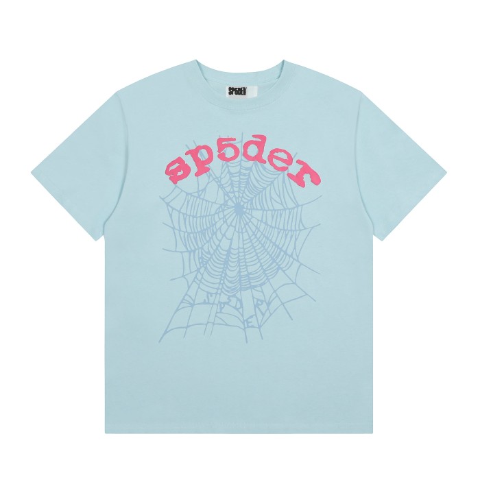 Bold Pink Arch Letter Faded Light Blue Hidden Spider Web Print T-Shirt 29305138