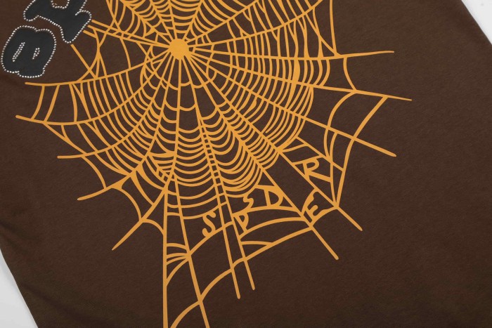 Streetwear Contrast Orange Spider Web Graphic Rhinestone Trim Letter Print T-Shirt 29304917