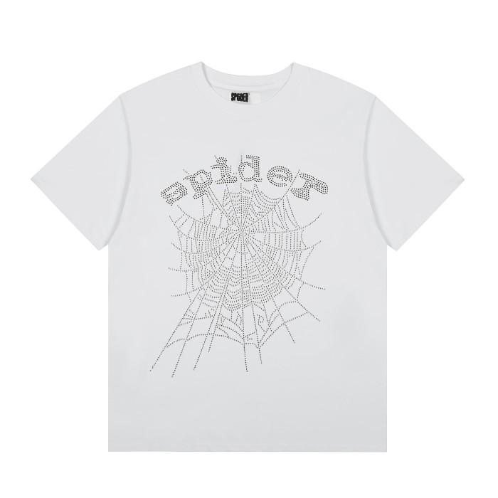 Y2K Drill Streetwear Full Rhinestone Hotfix Crystal Spider Web & Spider Letter Front Print Two-Tone T-Shirt 2 colors 29304837