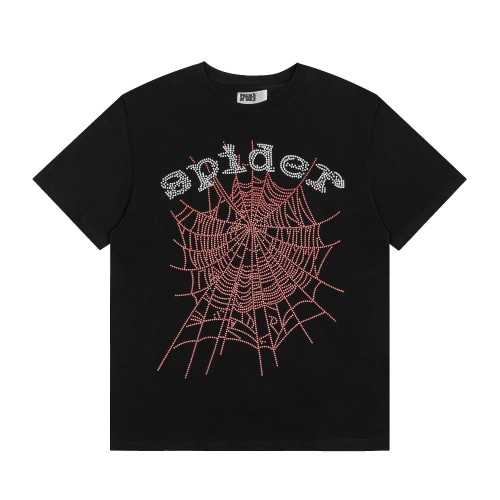 Hotfix Rhinestone Pink Spider Web & White Letter Full Chest Front Print T-Shirt 29305070
