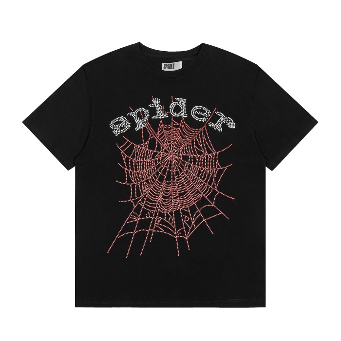 Hotfix Rhinestone Pink Spider Web & White Letter Full Chest Front Print T-Shirt 29305070