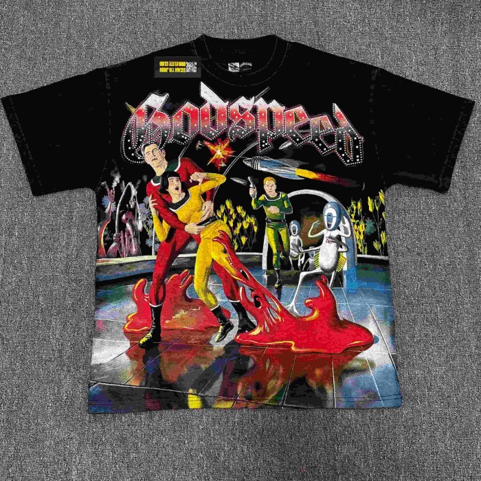 Streetwear Rhinestone Trim Gothic Letter Retro Alien Horror Comic Print Tee 29306242