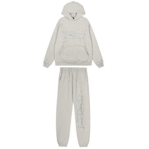 Rhinestone Arch Letter Subtle Spider Web & Tiny All Over Star Print Polar fleece Hoodie & Cuffed Sweatpants Set 29306412