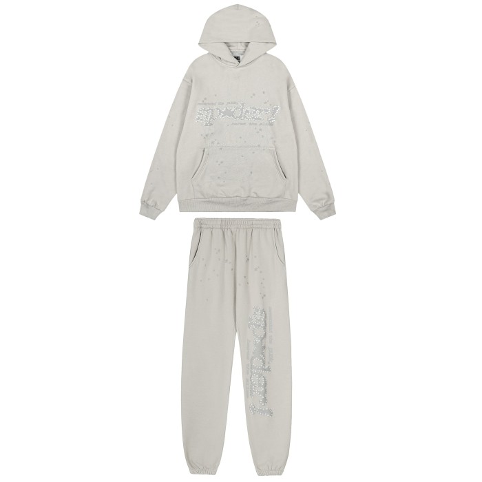 Rhinestone Arch Letter Subtle Spider Web & Tiny All Over Star Print Polar fleece Hoodie & Cuffed Sweatpants Set 29306412