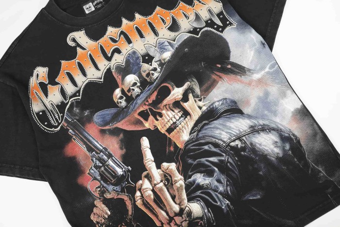 Streetwear Rhinestone Outline Gothic Letter Skeleton Cowboy Gun Western Print Tee 29306228