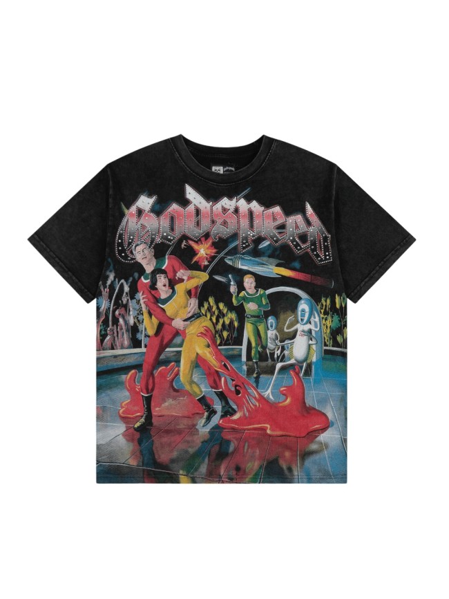 Streetwear Rhinestone Trim Gothic Letter Retro Alien Horror Comic Print Tee 29306242