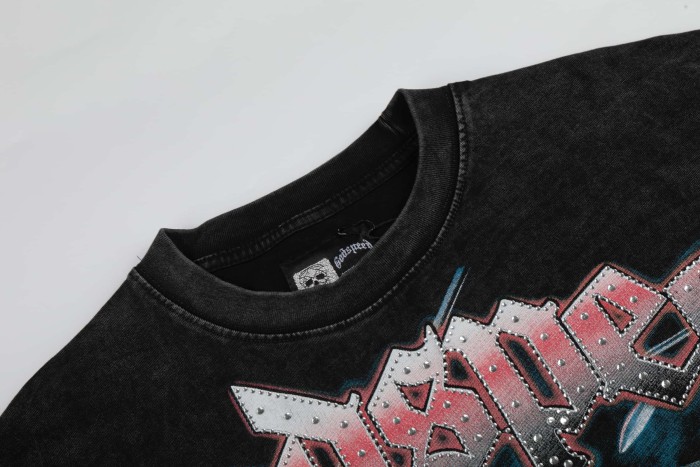 Streetwear Rhinestone Trim Gothic Letter Retro Alien Horror Comic Print Tee 29306242