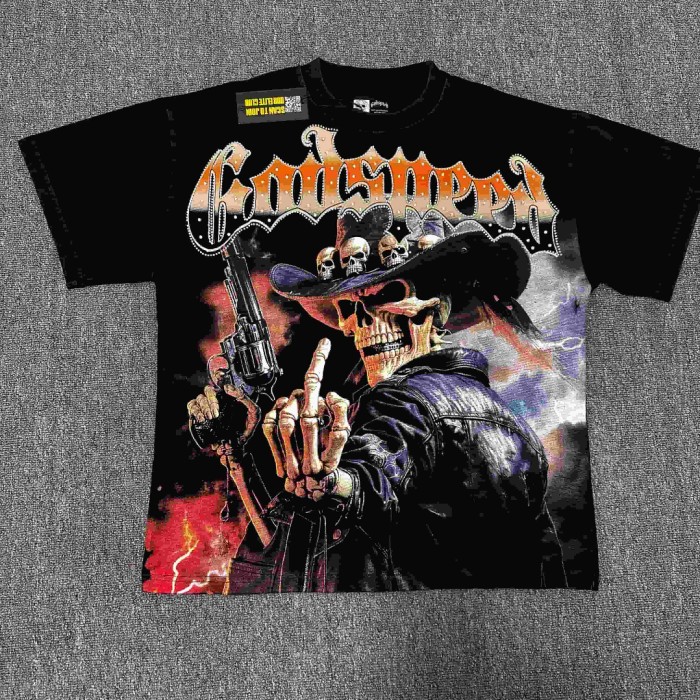 Streetwear Rhinestone Outline Gothic Letter Skeleton Cowboy Gun Western Print Tee 29306228