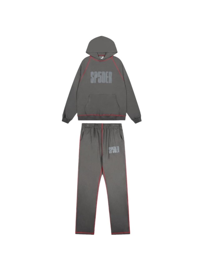 Contrast Red Stitch Raglan Trim Tone-On-Tone Printed Hoodie & Straight Leg Sweatpants Set 29306403