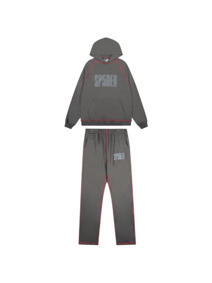 Contrast Red Stitch Raglan Trim Tone-On-Tone Printed Hoodie & Straight Leg Sweatpants Set 29306403