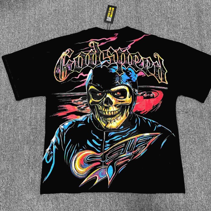 Two Sided Graphic Print Mini Gothic Letter Left Chest Big Skull Biker Racer Print Tee 29306232