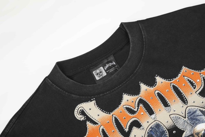 Streetwear Rhinestone Outline Gothic Letter Skeleton Cowboy Gun Western Print Tee 29306228
