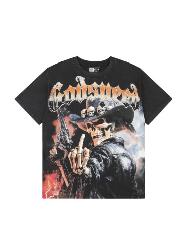 Streetwear Rhinestone Outline Gothic Letter Skeleton Cowboy Gun Western Print Tee 29306228