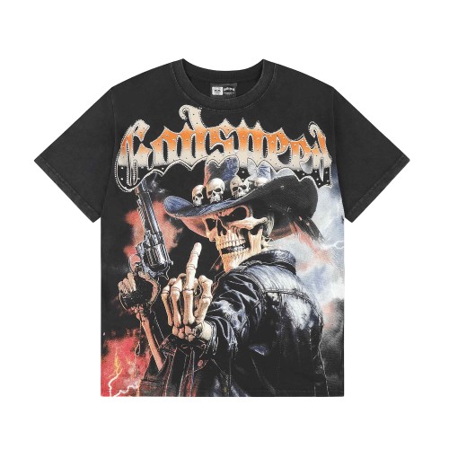 Streetwear Rhinestone Outline Gothic Letter Skeleton Cowboy Gun Western Print Tee 29306228