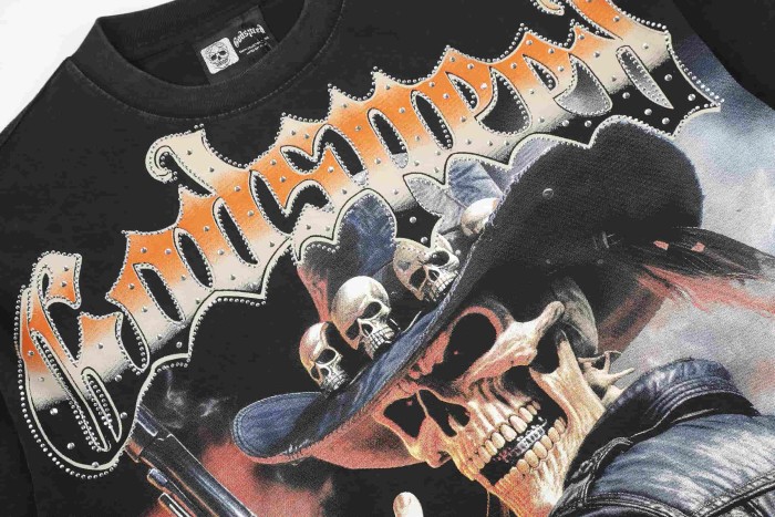 Streetwear Rhinestone Outline Gothic Letter Skeleton Cowboy Gun Western Print Tee 29306228