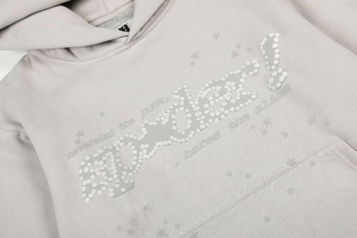 Rhinestone Arch Letter Subtle Spider Web & Tiny All Over Star Print Polar fleece Hoodie & Cuffed Sweatpants Set 29306412
