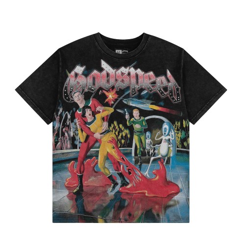 Streetwear Rhinestone Trim Gothic Letter Retro Alien Horror Comic Print Tee 29306242