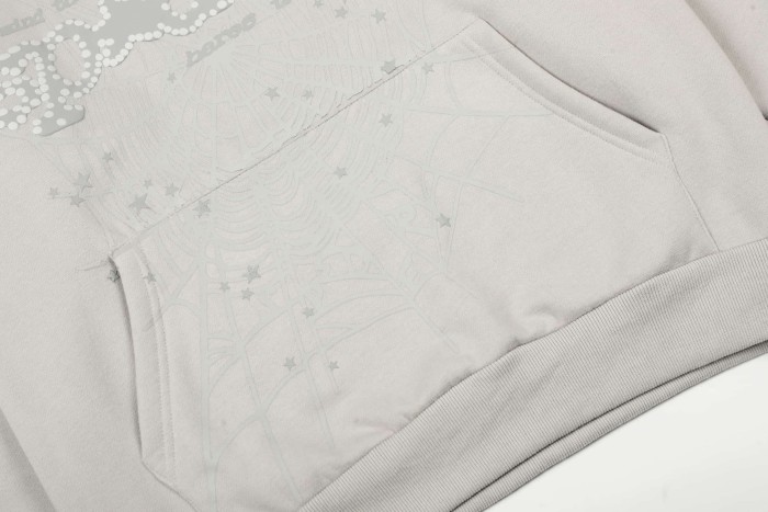 Rhinestone Arch Letter Subtle Spider Web & Tiny All Over Star Print Polar fleece Hoodie & Cuffed Sweatpants Set 29306412