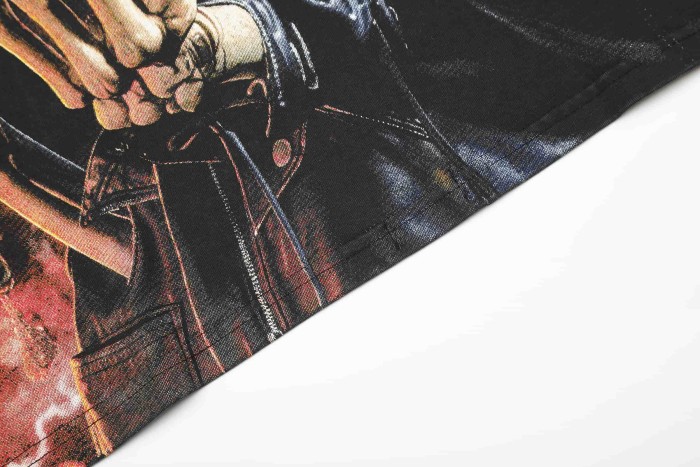Streetwear Rhinestone Outline Gothic Letter Skeleton Cowboy Gun Western Print Tee 29306228