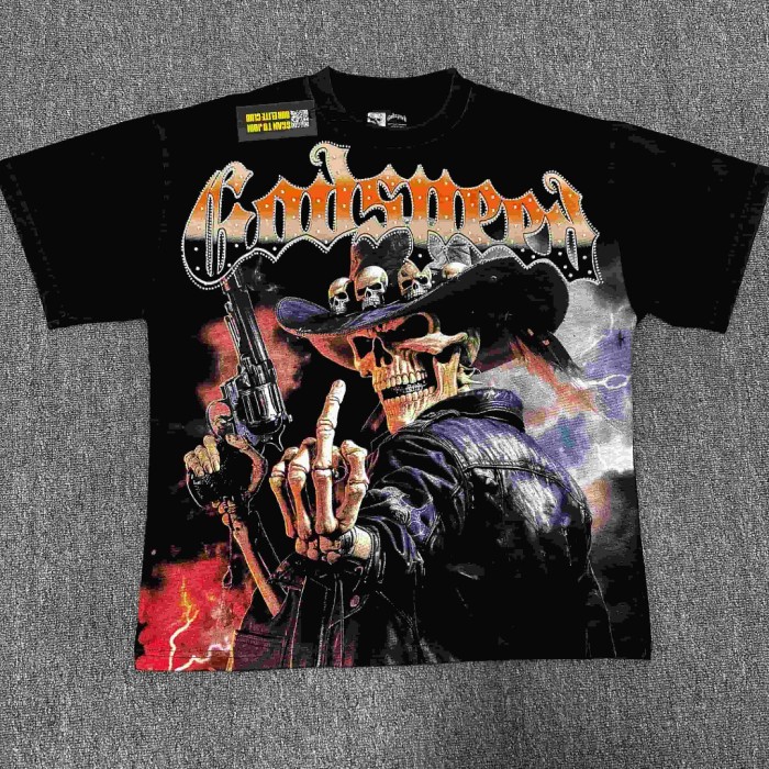 Streetwear Rhinestone Outline Gothic Letter Skeleton Cowboy Gun Western Print Tee 29306228