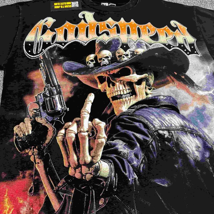 Streetwear Rhinestone Outline Gothic Letter Skeleton Cowboy Gun Western Print Tee 29306228